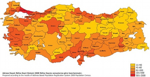 Карта плотности населения
 Турции