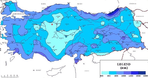 Карта распределения среднегодовых осадков в Турции