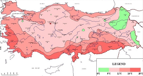 Карта 
распределения среднегодовых температур в Турции